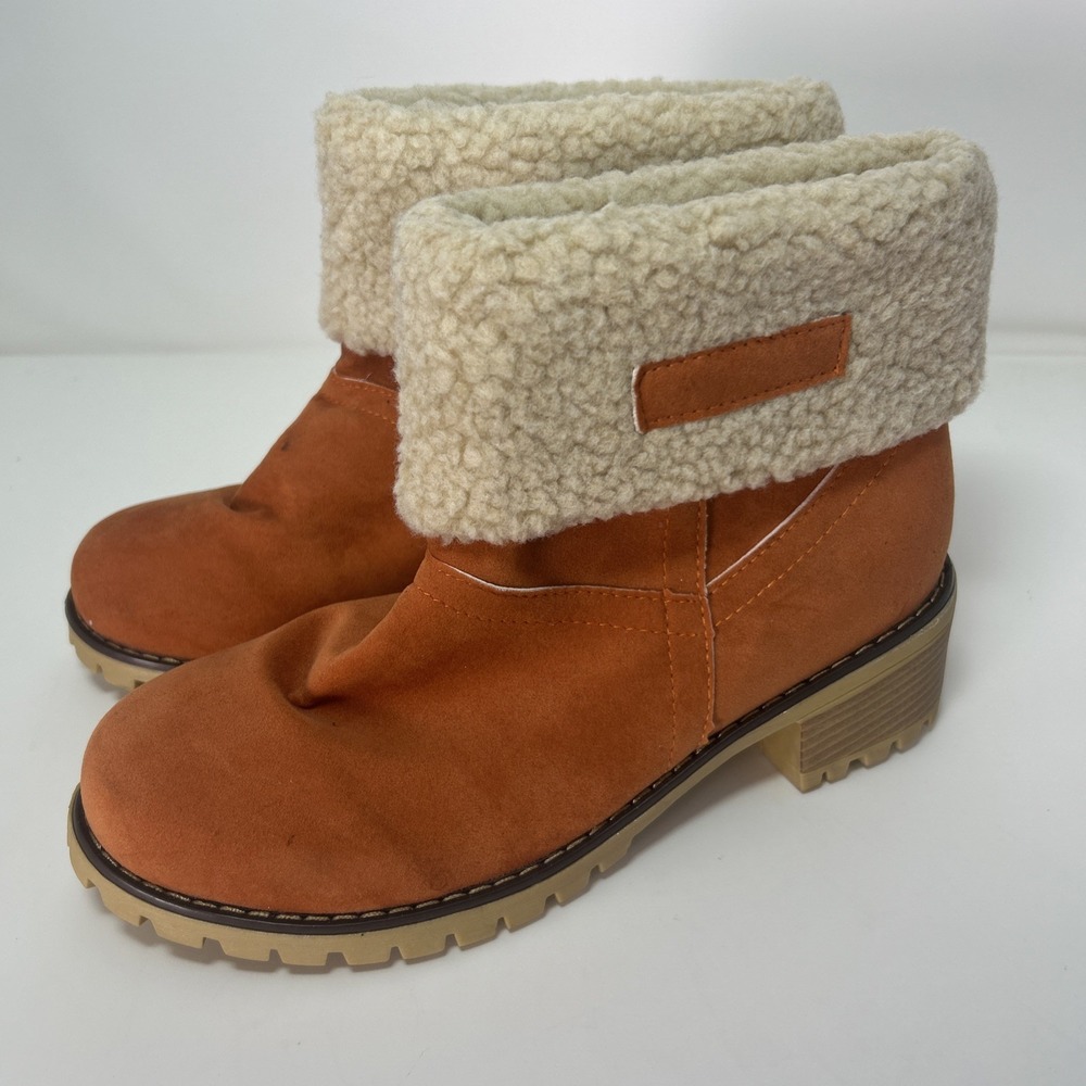 Orange Faux‎ Suede Ankle Boots Women's Sz EU 40, US 8 Sherpa Lined, Chunky Heel